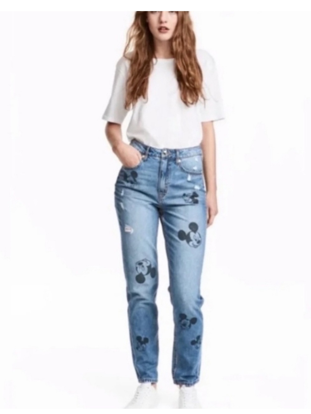H&M Divided High-Waist Mom Jeans with Mickey Print